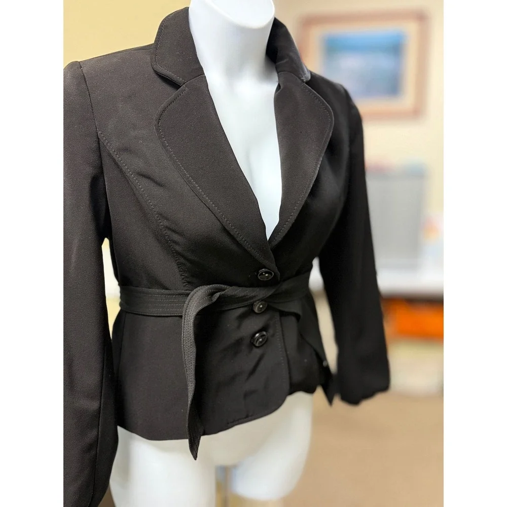 Women's Black Belted Blazer Jacket Double‎ Button Collar